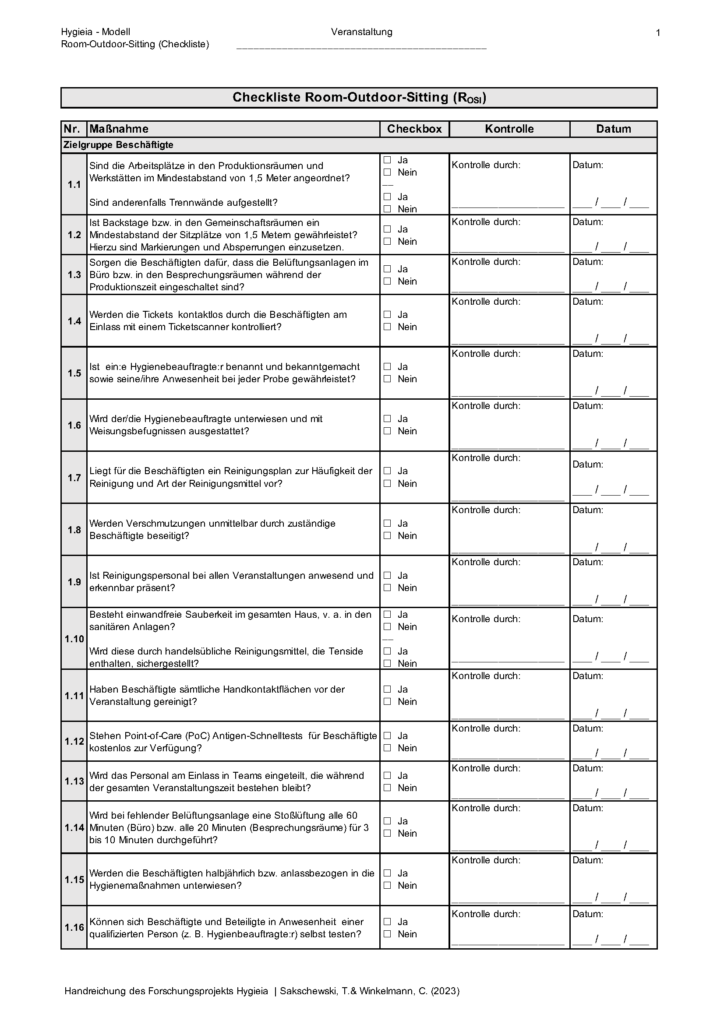 Hygieia Handreichung: Checkliste Rosi deutsch, Seite 1 @ Sakschewski & Winklemann 2023